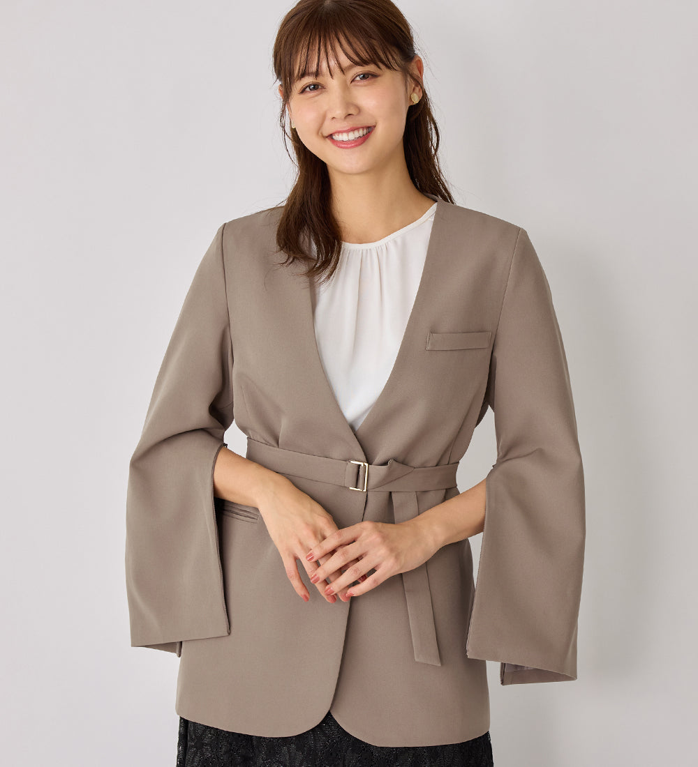 袖ファスナー付ノーカラージャケット モカ