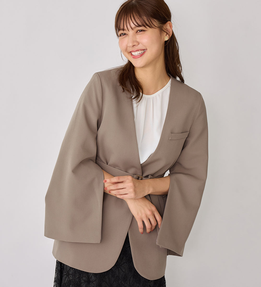 袖ファスナー付ノーカラージャケット モカ