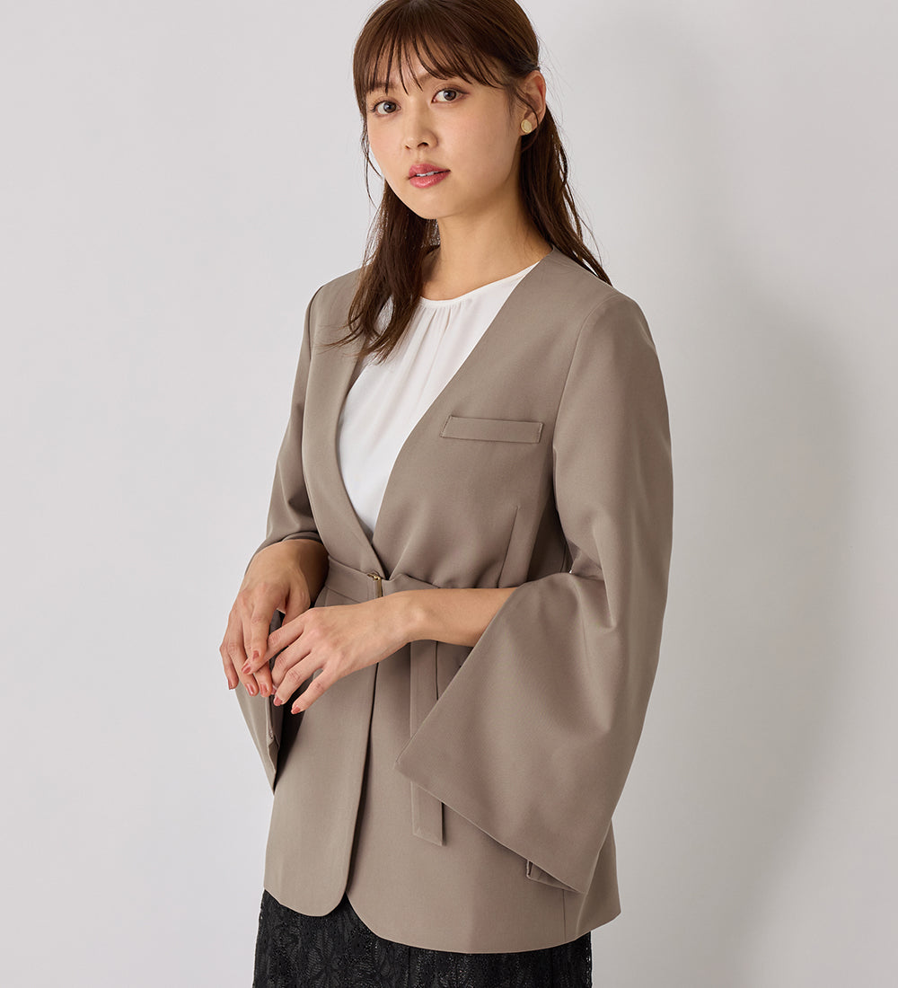 袖ファスナー付ノーカラージャケット モカ