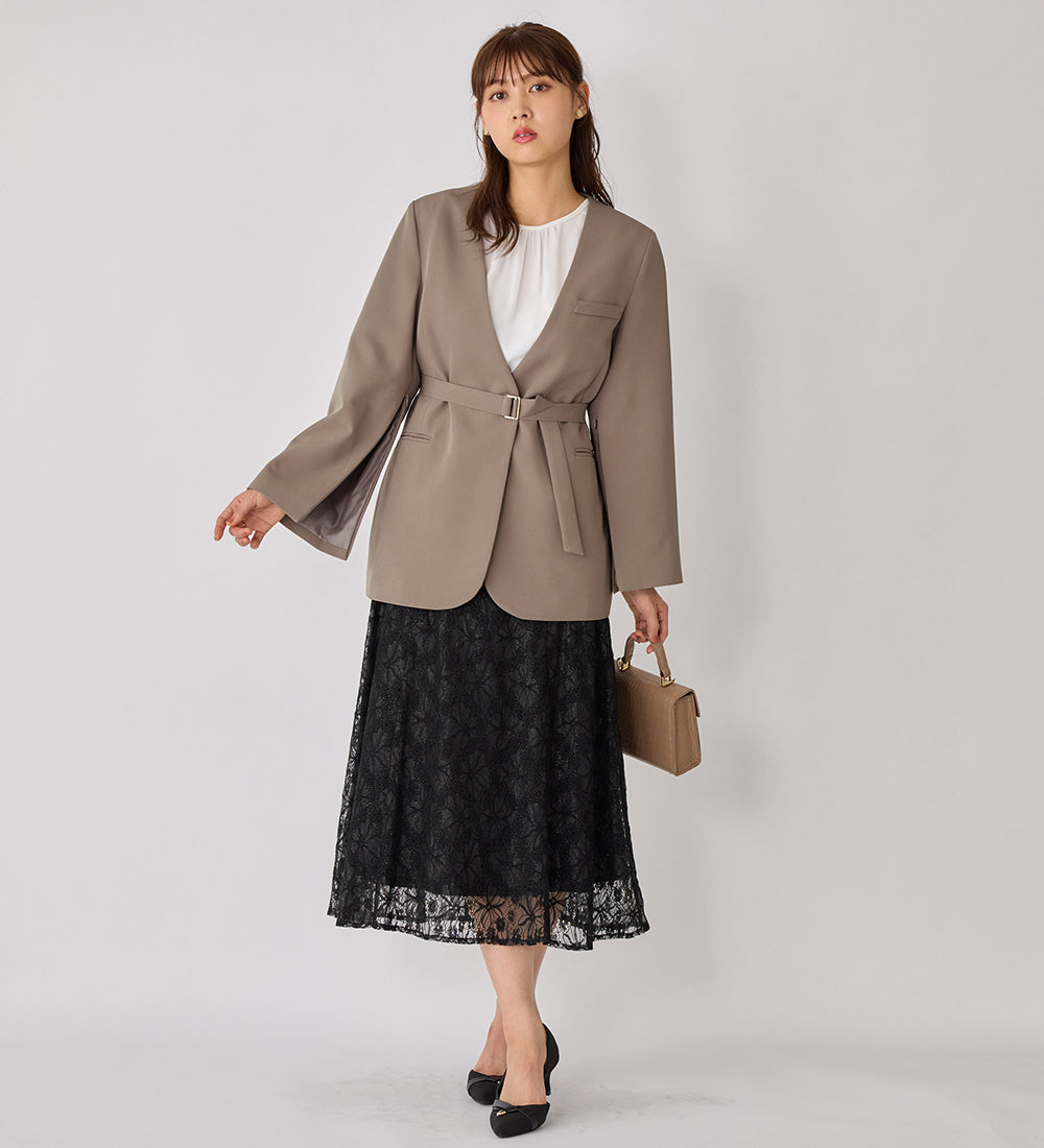 袖ファスナー付ノーカラージャケット モカ