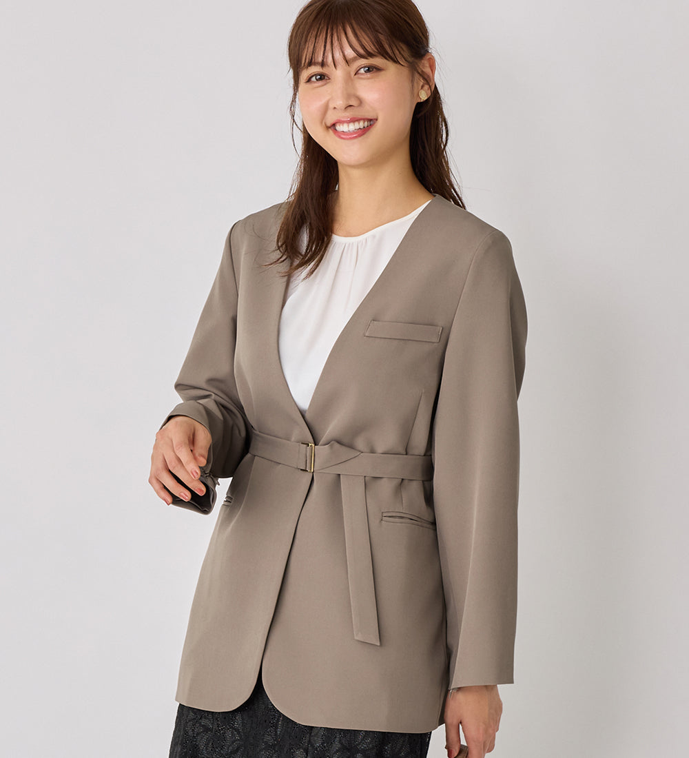 袖ファスナー付ノーカラージャケット モカ