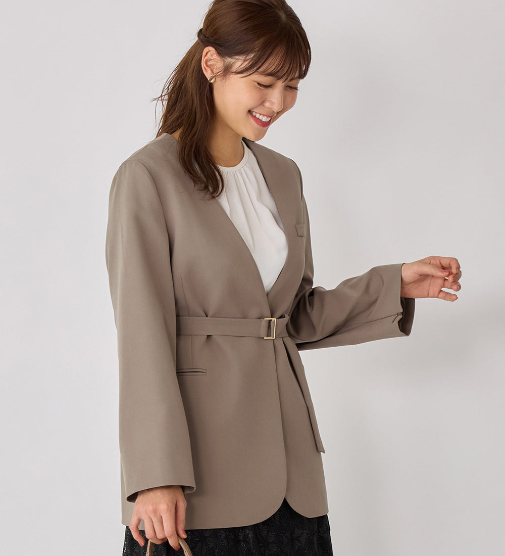 袖ファスナー付ノーカラージャケット モカ