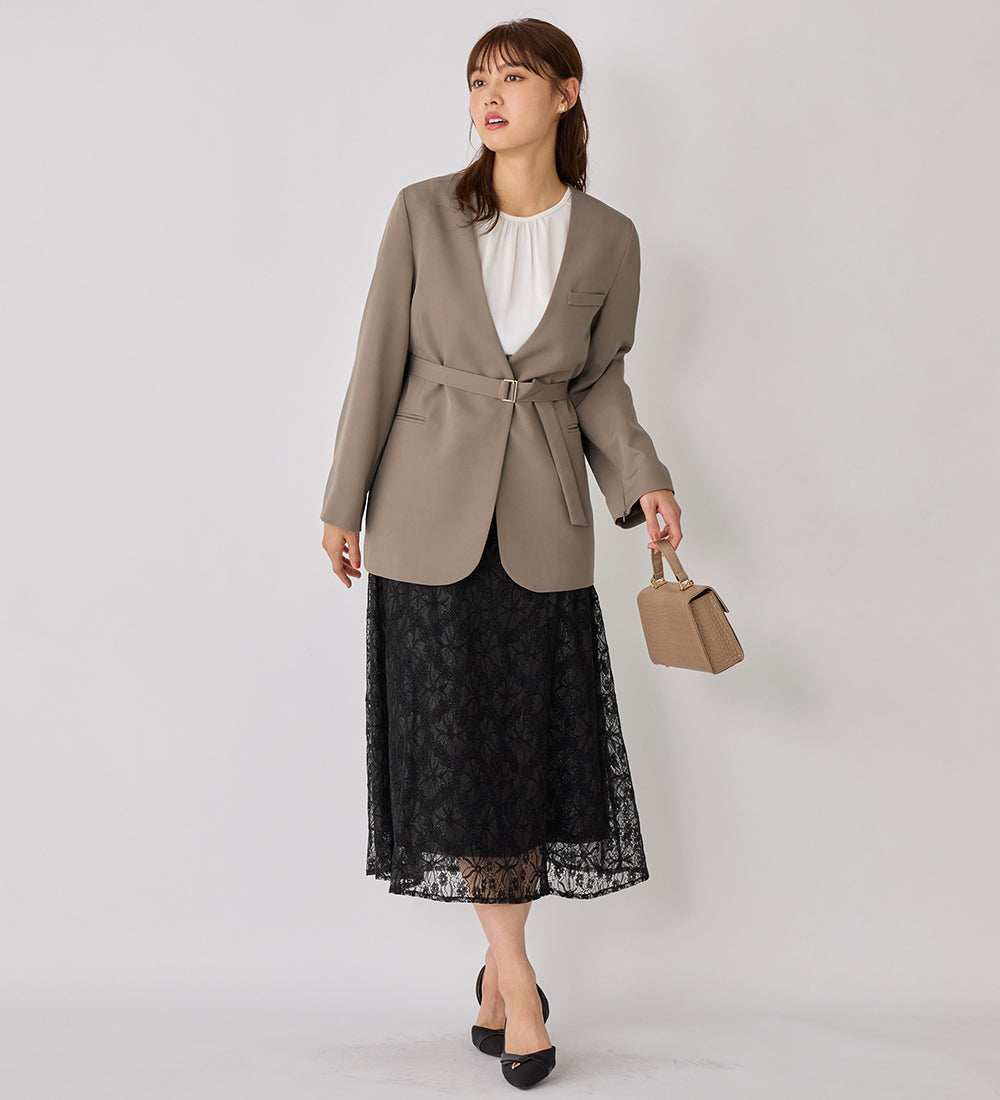 袖ファスナー付ノーカラージャケット モカ