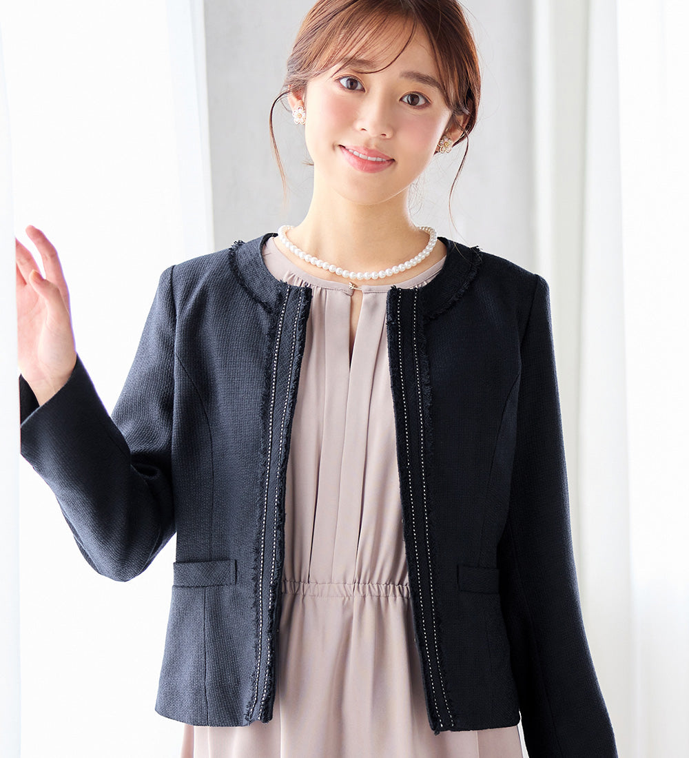 アロッタ Alotta 入学式卒業式に！フリンジ使いツイードノーカラージャケット＜M～5L＞ （ネイビー系） ネイビー系