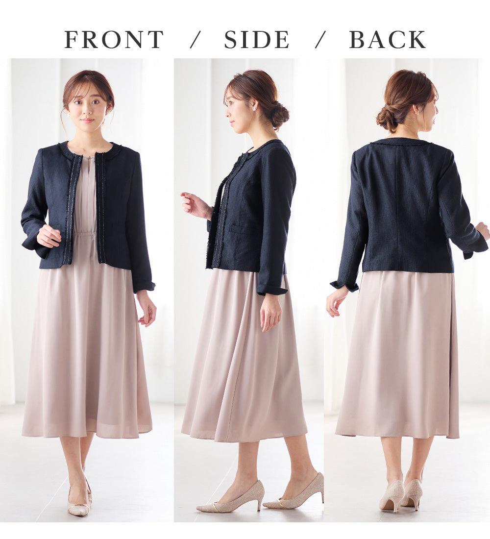 アロッタ Alotta 入学式卒業式に！フリンジ使いツイードノーカラージャケット＜M～5L＞ （ネイビー系） ネイビー系