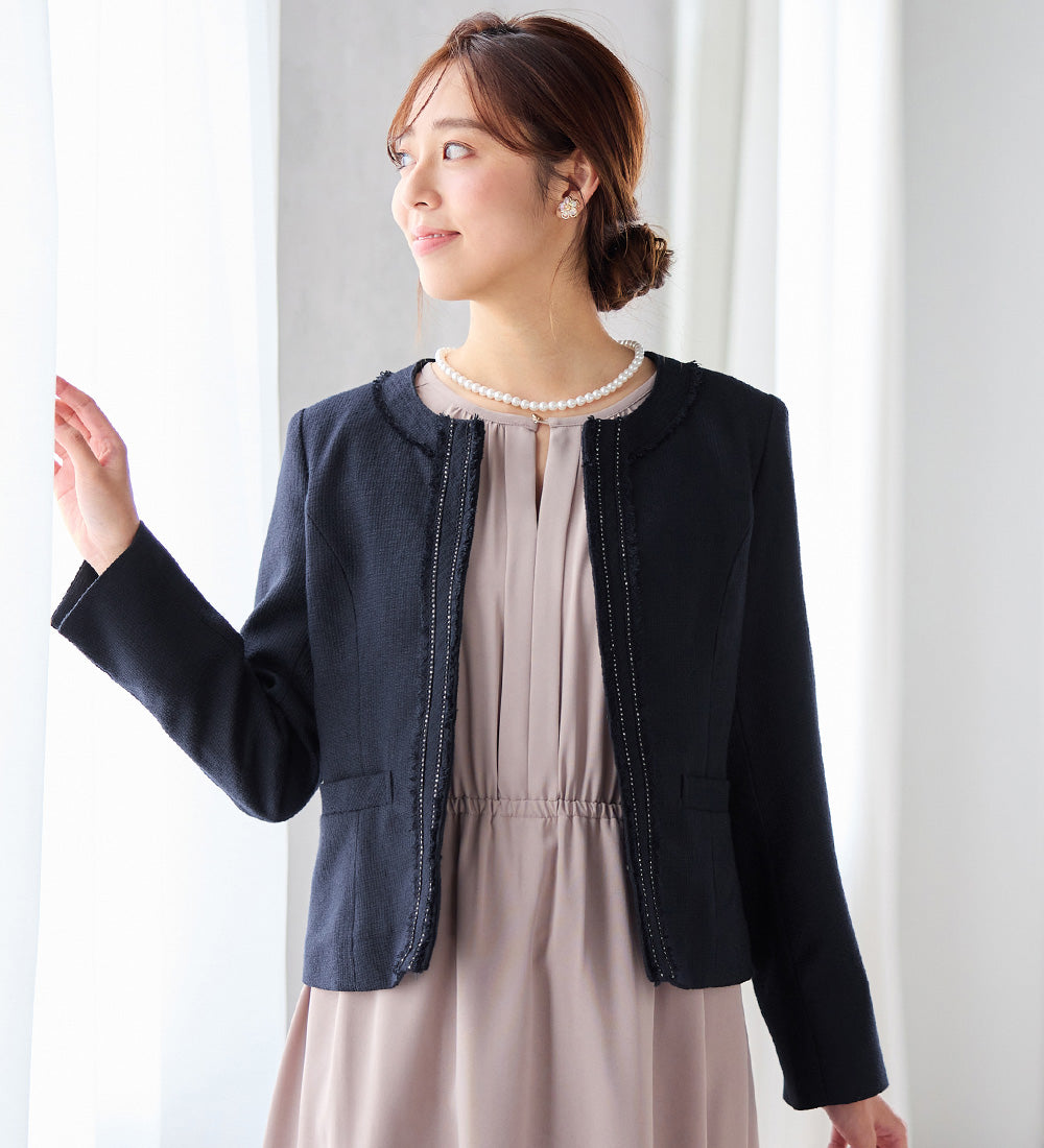 アロッタ Alotta 入学式卒業式に！フリンジ使いツイードノーカラージャケット＜M～5L＞ （ネイビー系） ネイビー系