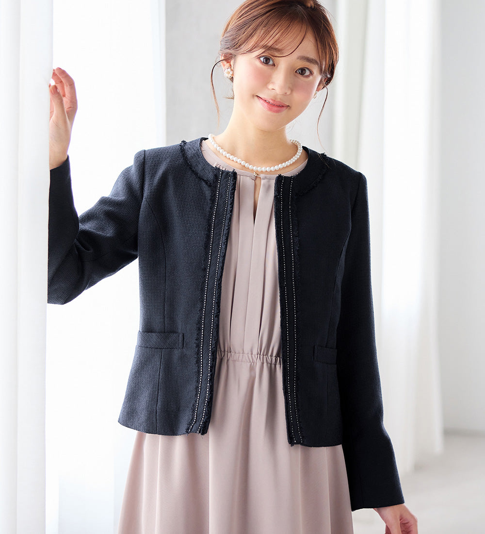 アロッタ Alotta 入学式卒業式に！フリンジ使いツイードノーカラージャケット＜M～5L＞ （ネイビー系） ネイビー系