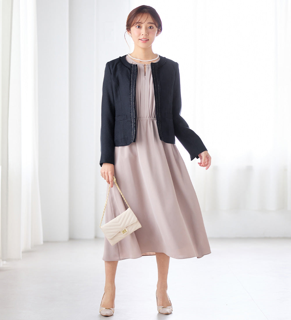 アロッタ Alotta 入学式卒業式に！フリンジ使いツイードノーカラージャケット＜M～5L＞ （ネイビー系） ネイビー系