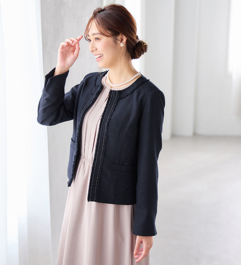 アロッタ Alotta 入学式卒業式に！フリンジ使いツイードノーカラージャケット＜M～5L＞ （ネイビー系） ネイビー系