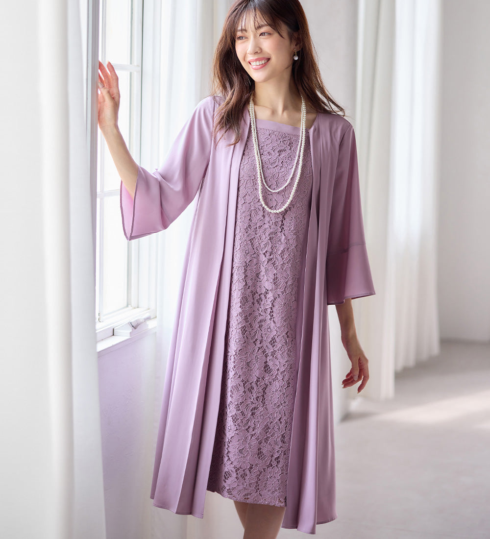 アロッタ Alotta 華やかレース使いアンサンブル風ワンピース （ラベンダー） ラベンダー