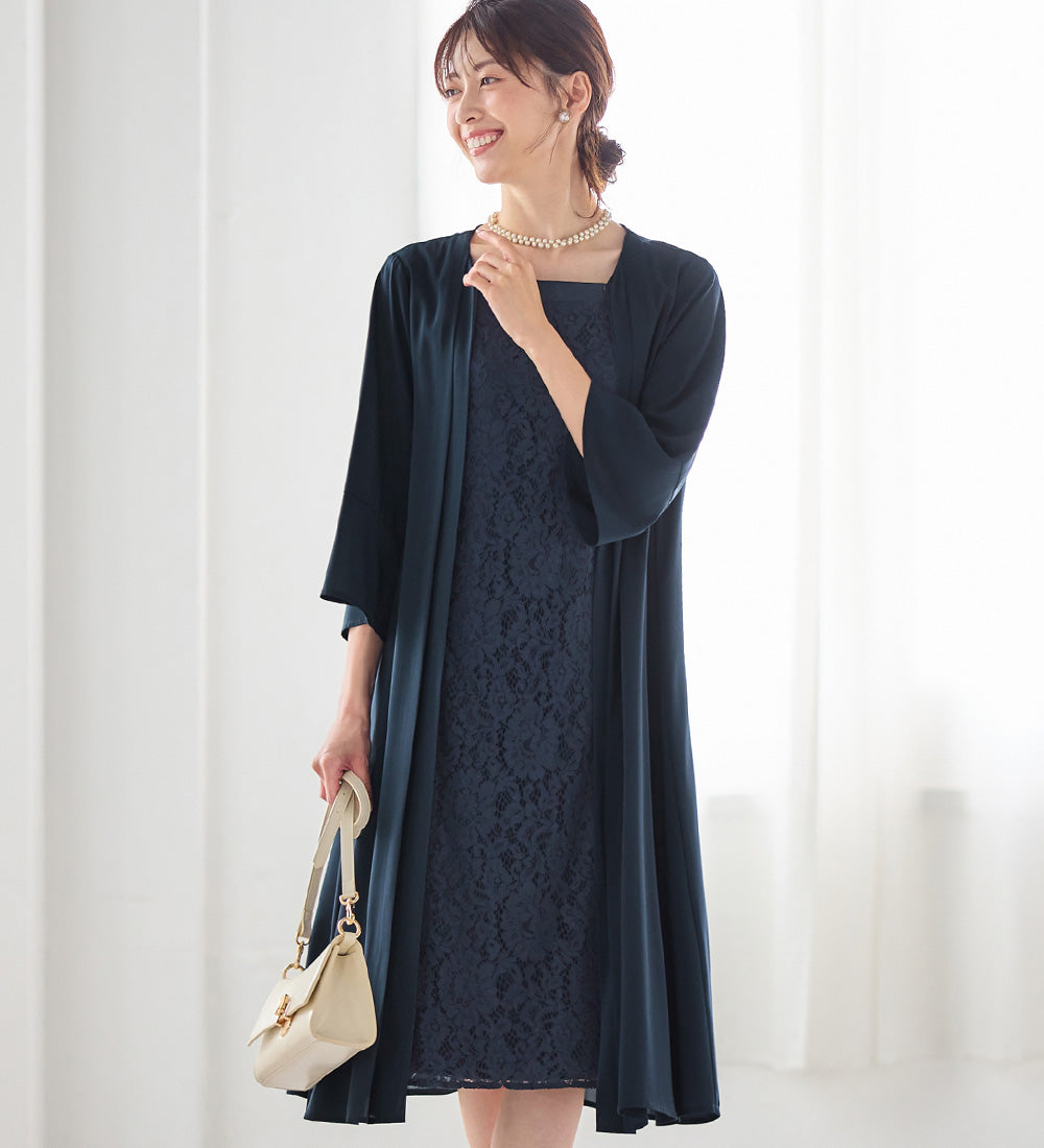 アロッタ Alotta 華やかレース使いアンサンブル風ワンピース （ネイビー） ネイビー