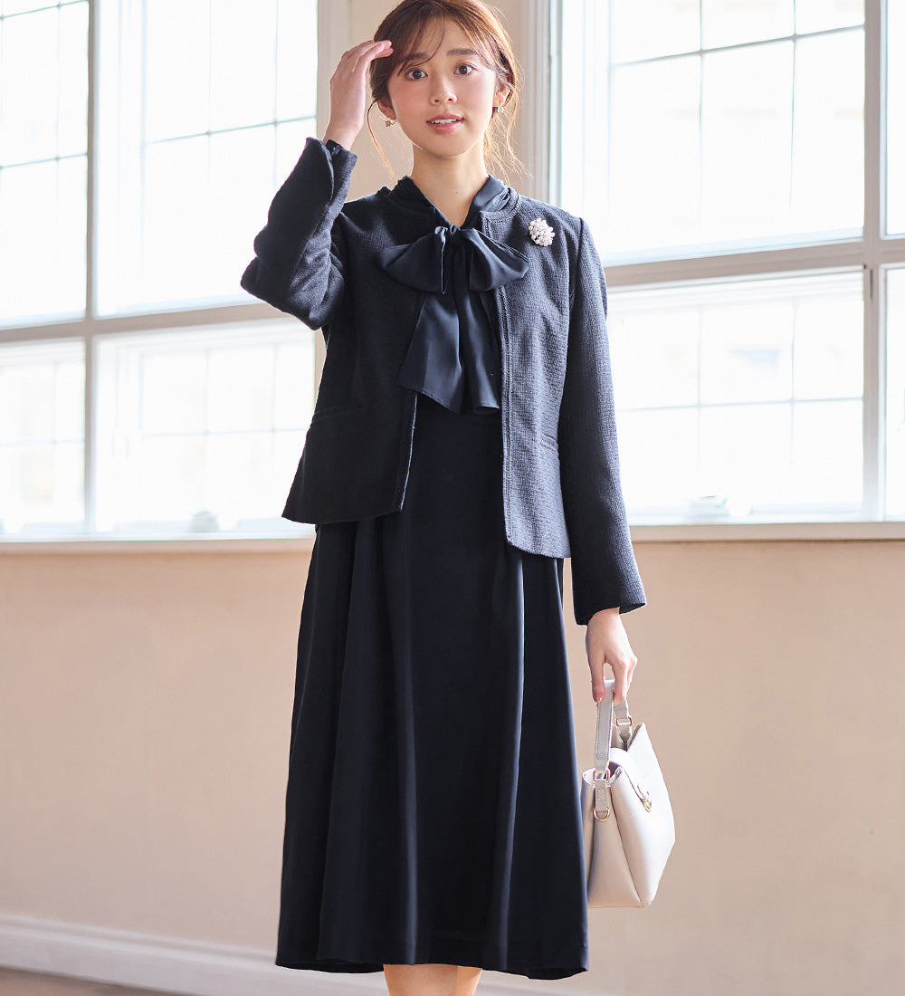 アロッタ Alotta 【選べるジャケット】洗える上品ボウタイワンピーススーツ （ネイビーツイード） ネイビーツイード