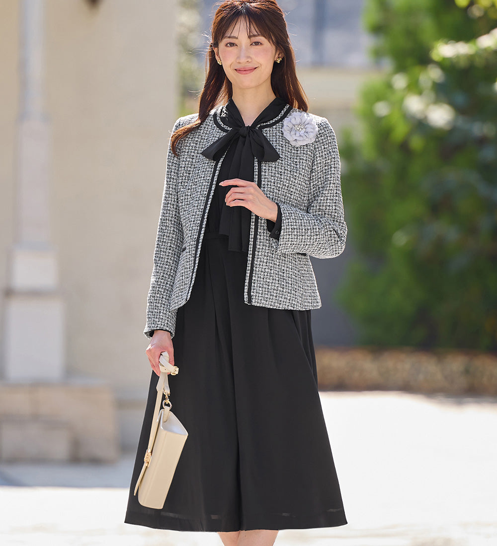 アロッタ Alotta 【選べるジャケット】洗える上品ボウタイワンピーススーツ （モノトーンツイード） モノトーンツイード