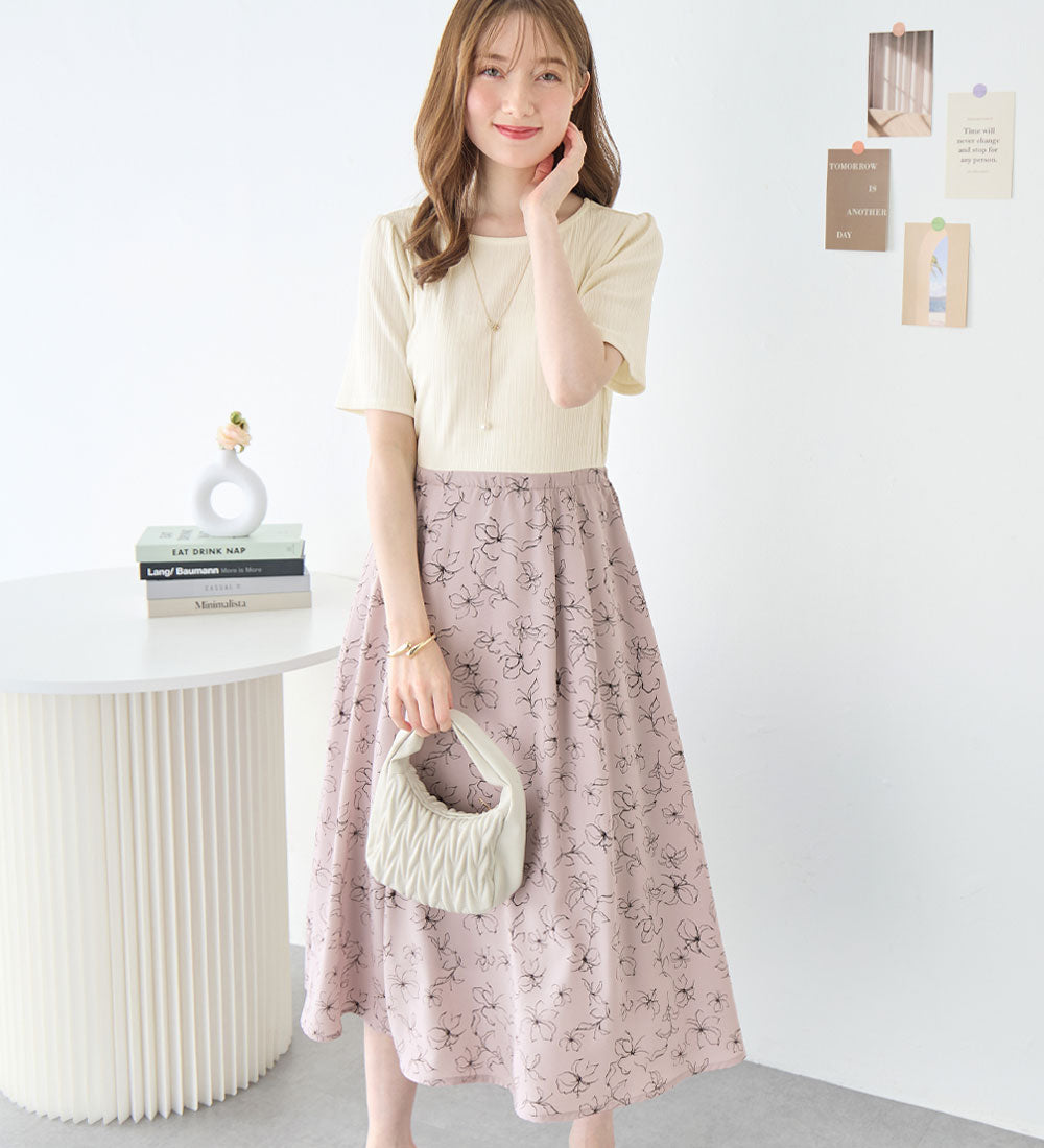 アロッタ Alotta 楽キレイ異素材ドッキングワンピース （オフ／スモーキーピンク花柄） オフ／スモーキーピンク花柄