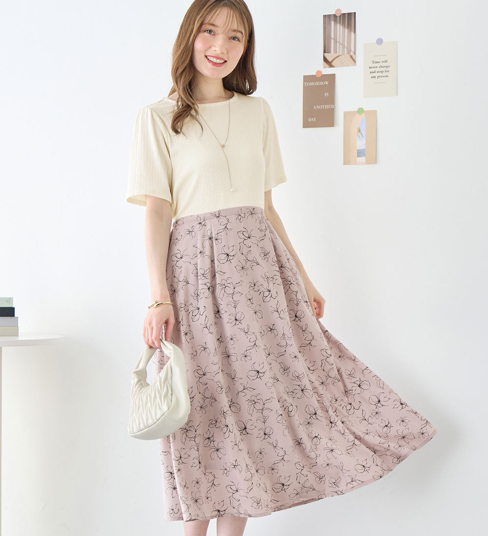 アロッタ Alotta 楽キレイ異素材ドッキングワンピース （オフ／スモーキーピンク花柄） オフ／スモーキーピンク花柄