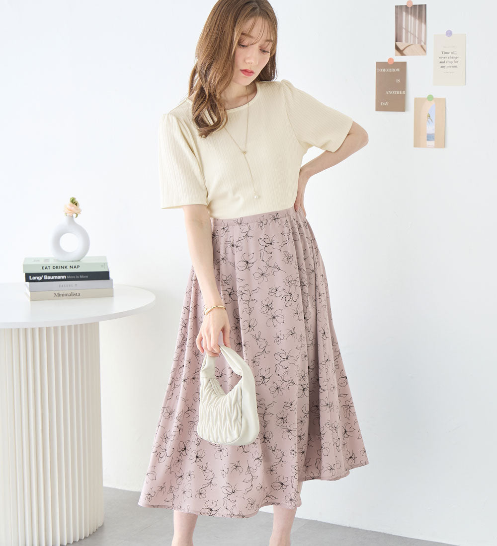 アロッタ Alotta 楽キレイ異素材ドッキングワンピース （オフ／スモーキーピンク花柄） オフ／スモーキーピンク花柄