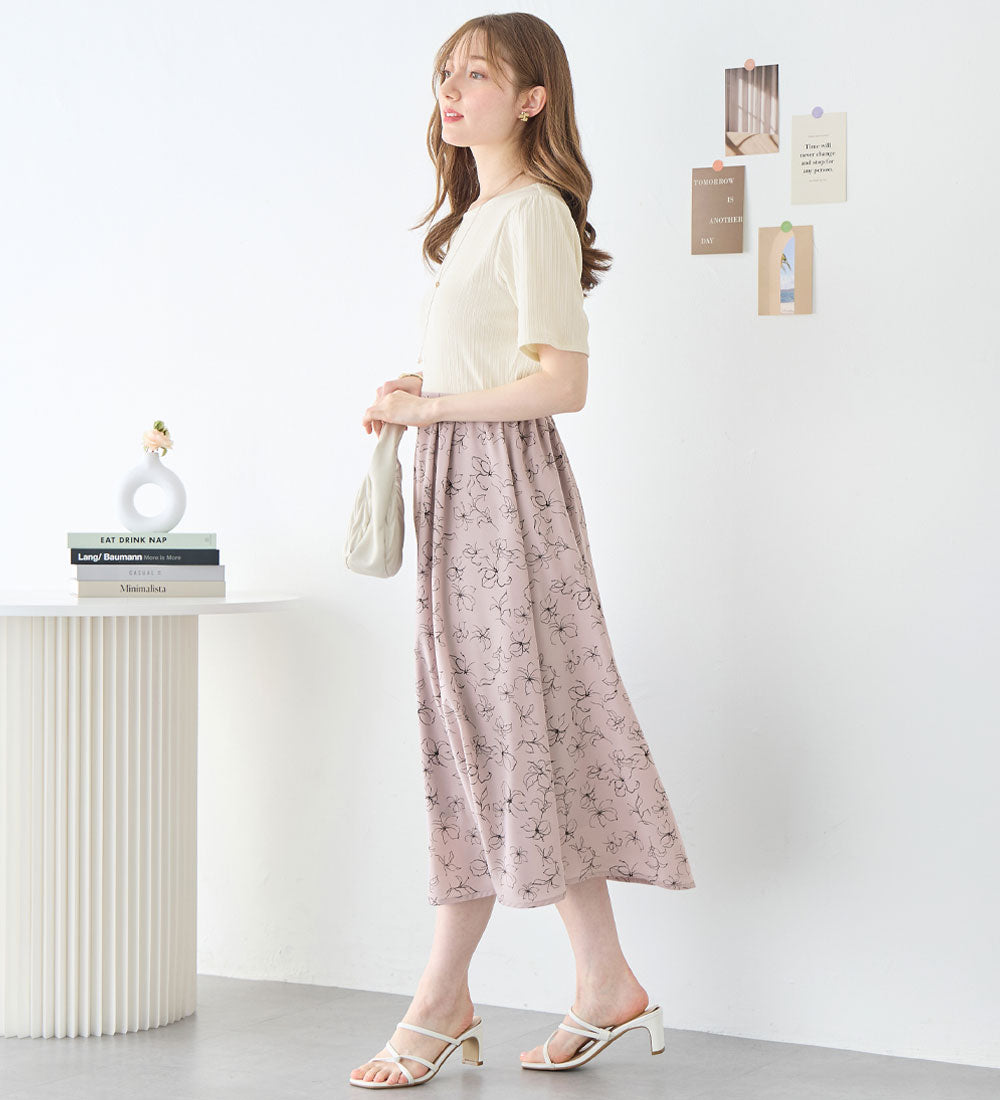 アロッタ Alotta 楽キレイ異素材ドッキングワンピース （オフ／スモーキーピンク花柄） オフ／スモーキーピンク花柄