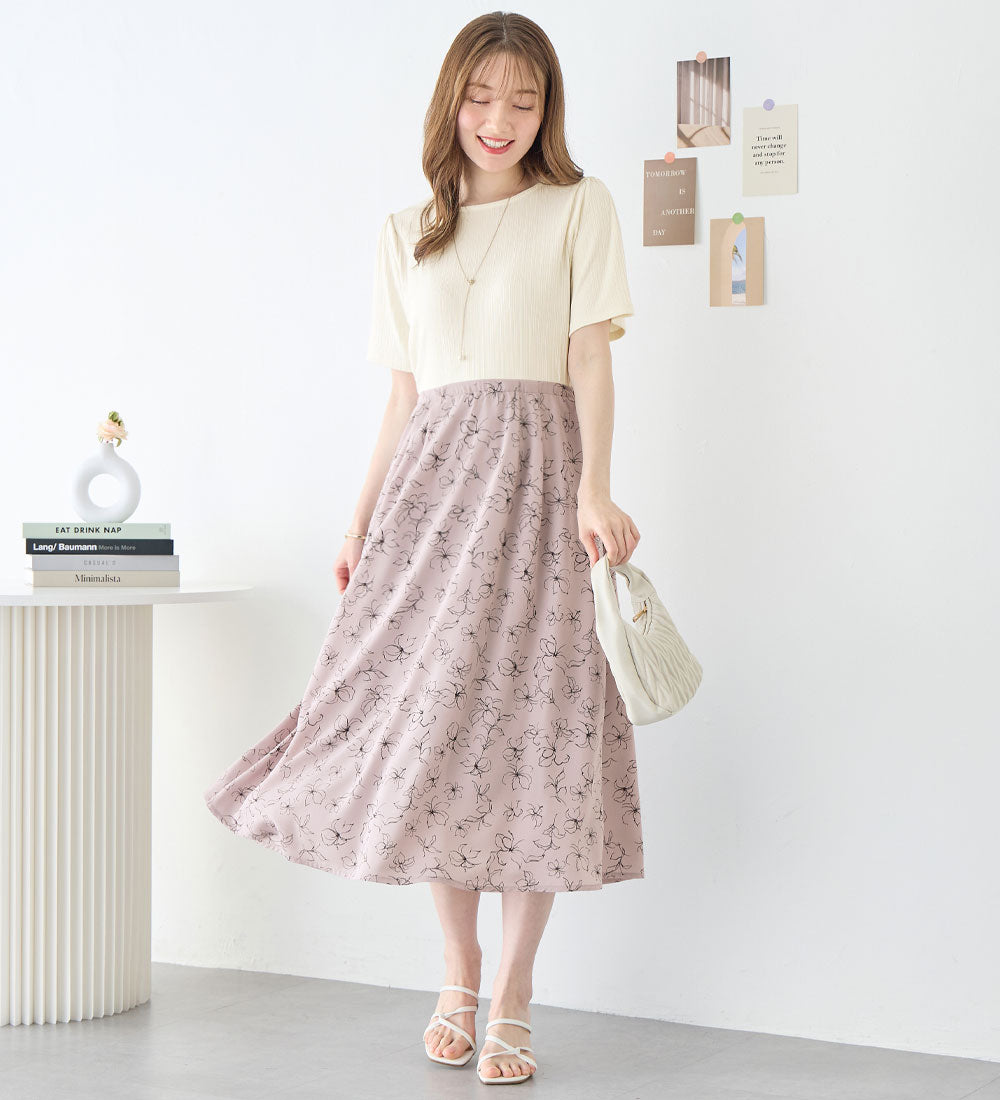 アロッタ Alotta 楽キレイ異素材ドッキングワンピース （オフ／スモーキーピンク花柄） オフ／スモーキーピンク花柄