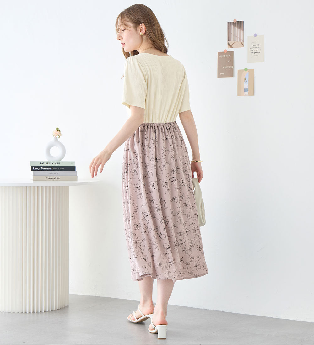 アロッタ Alotta 楽キレイ異素材ドッキングワンピース （オフ／スモーキーピンク花柄） オフ／スモーキーピンク花柄