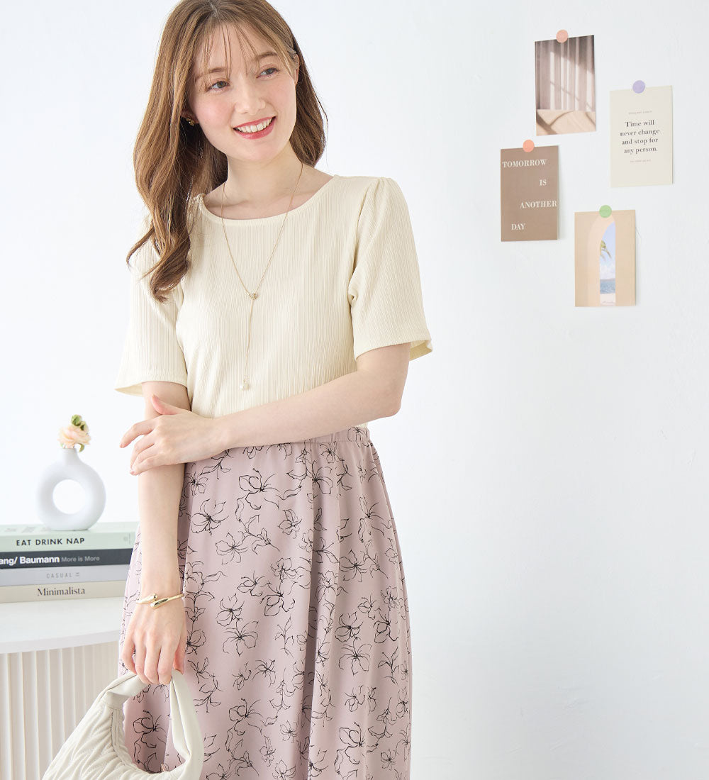 アロッタ Alotta 楽キレイ異素材ドッキングワンピース （オフ／スモーキーピンク花柄） オフ／スモーキーピンク花柄