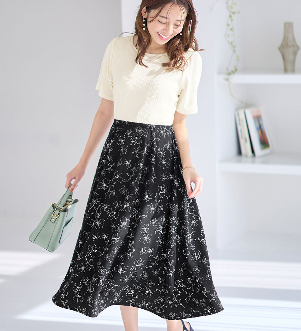 アロッタ Alotta 楽キレイ異素材ドッキングワンピース （オフ／ブラック花柄） オフ／ブラック花柄