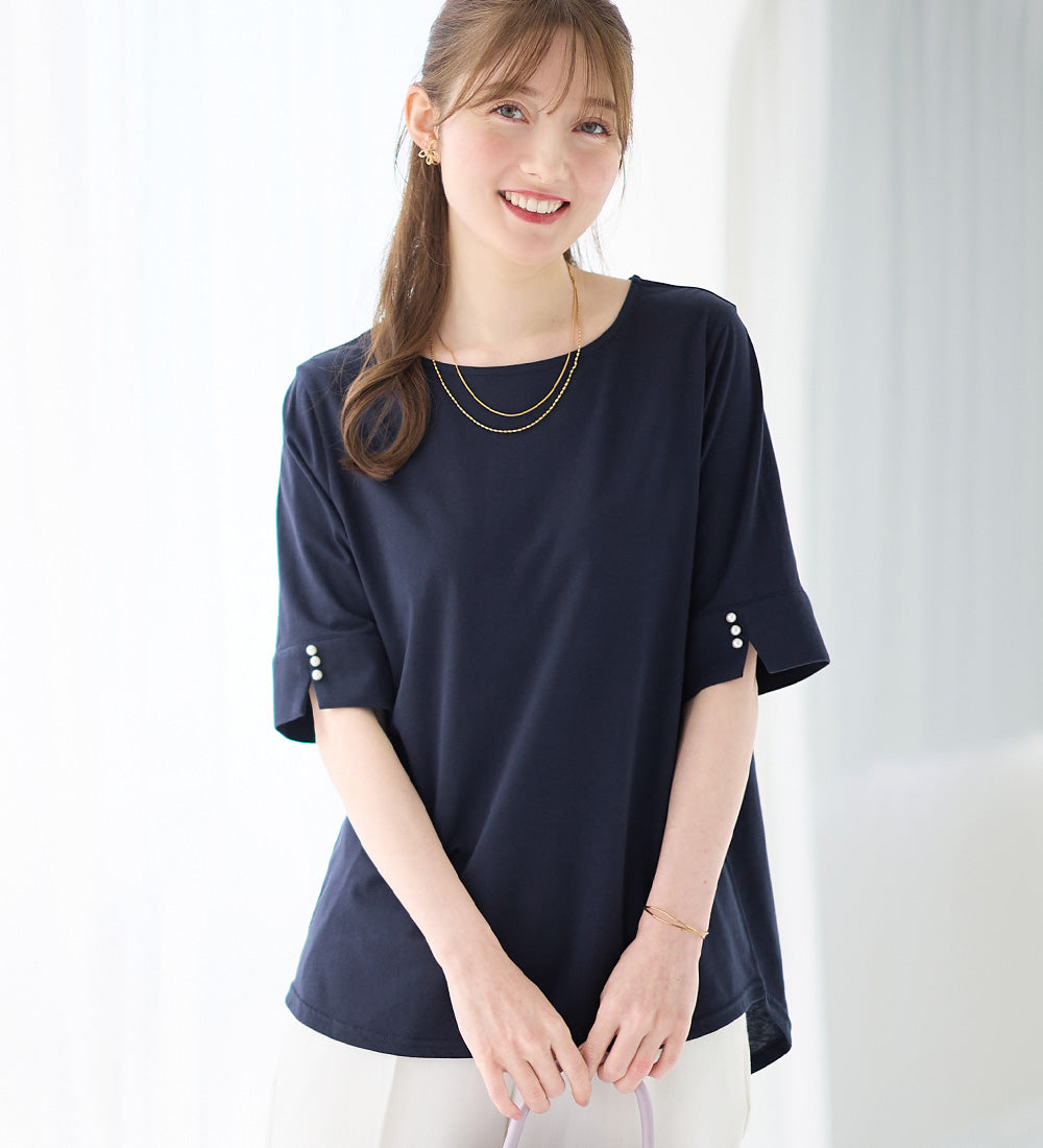 アロッタ Alotta 柔らか綿混素材パール調ボタンTシャツ （ネイビー） ネイビー