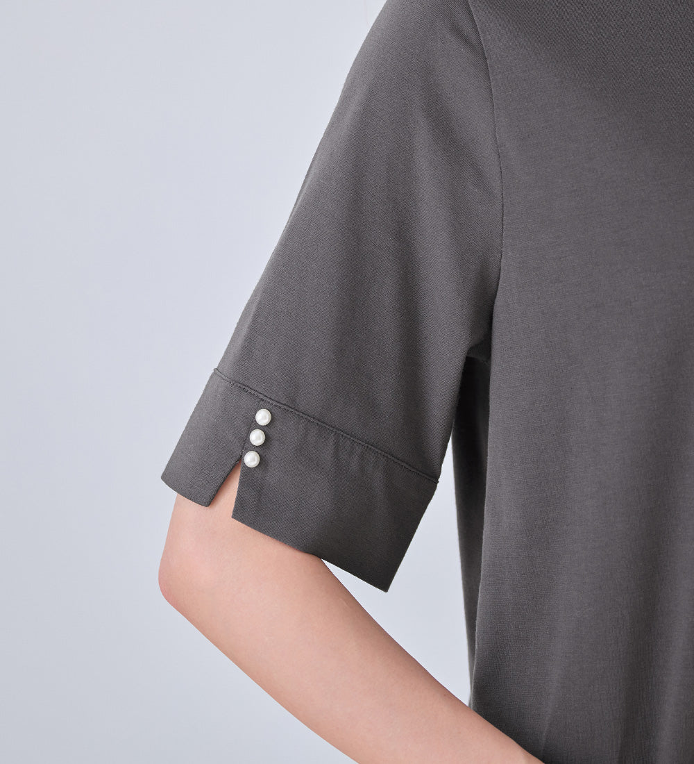 アロッタ Alotta 柔らか綿混素材パール調ボタンTシャツ （ネイビー） ネイビー