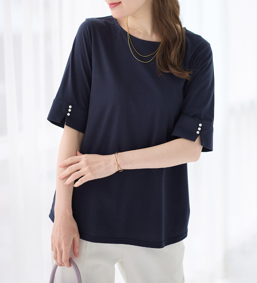 アロッタ Alotta 柔らか綿混素材パール調ボタンTシャツ （ネイビー） ネイビー