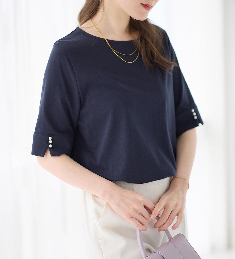 アロッタ Alotta 柔らか綿混素材パール調ボタンTシャツ （ネイビー） ネイビー