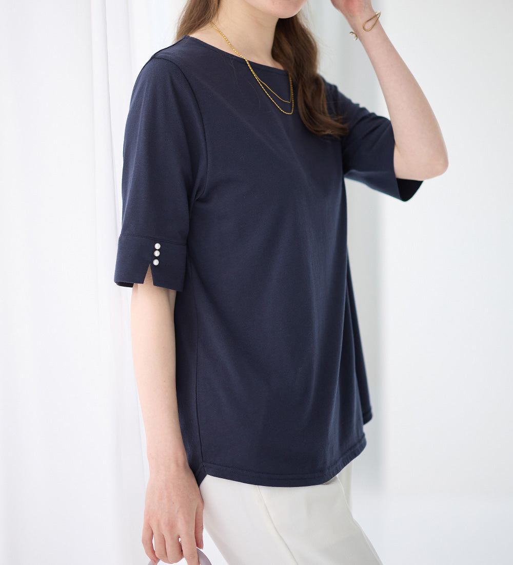 アロッタ Alotta 柔らか綿混素材パール調ボタンTシャツ （ネイビー） ネイビー