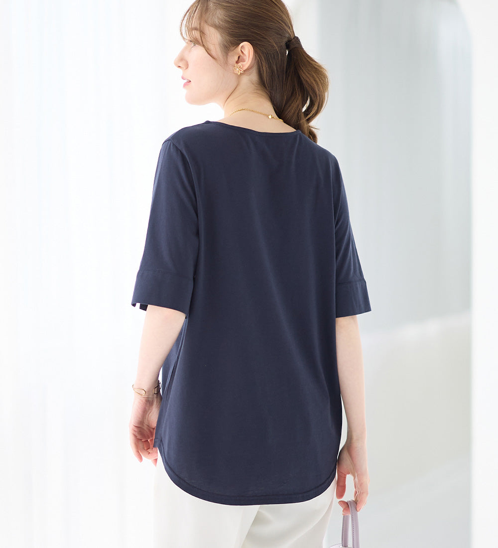 アロッタ Alotta 柔らか綿混素材パール調ボタンTシャツ （ネイビー） ネイビー