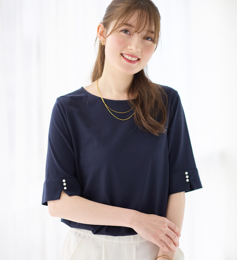 アロッタ Alotta 柔らか綿混素材パール調ボタンTシャツ （ネイビー） ネイビー