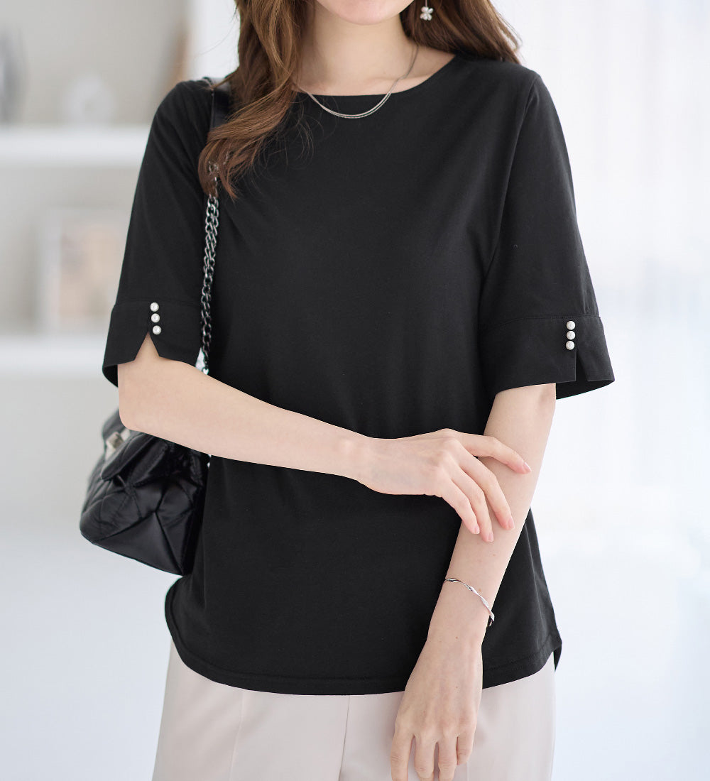 アロッタ Alotta 柔らか綿混素材パール調ボタンTシャツ （ブラック） ブラック