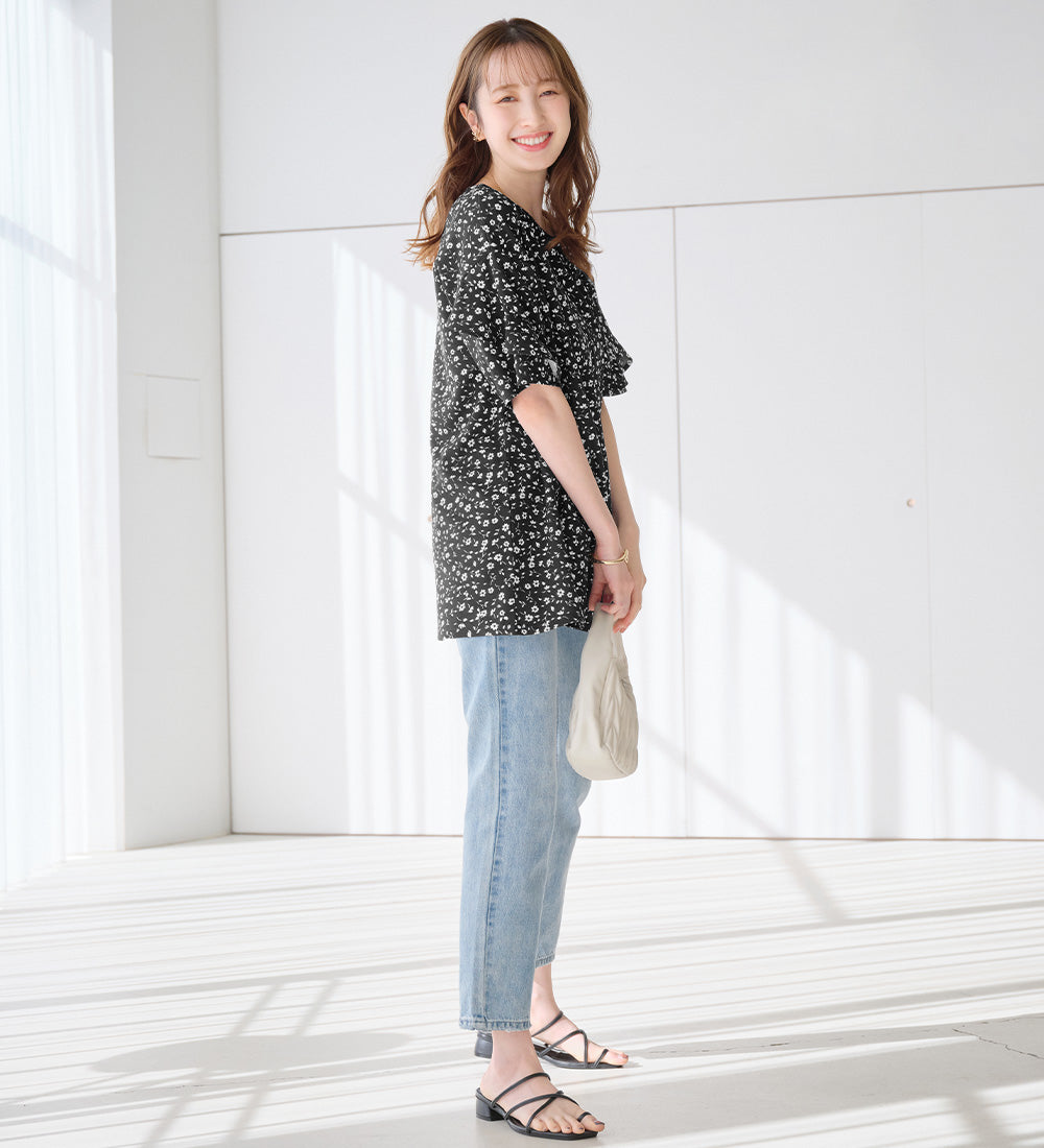 アロッタ Alotta 【4つの機能付】フリル袖Tシャツチュニック （ブラック花柄） ブラック花柄