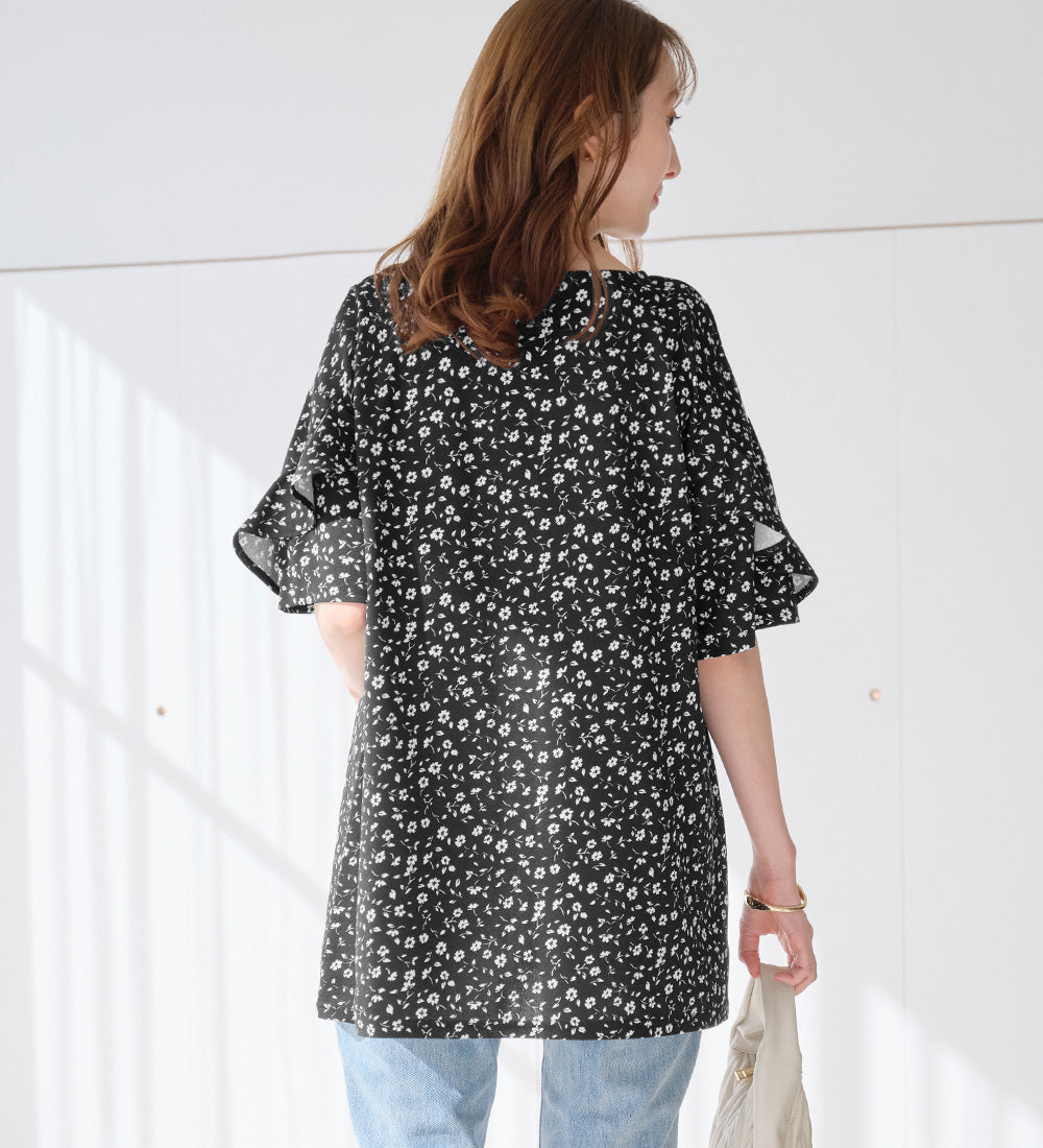 アロッタ Alotta 【4つの機能付】フリル袖Tシャツチュニック （ブラック花柄） ブラック花柄