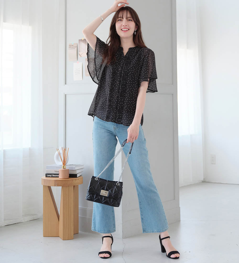 アロッタ Alotta 【接触冷感】インナー付ピンタックデザインブラウス【イエベ・ブルべ】 （ドット柄） ドット柄