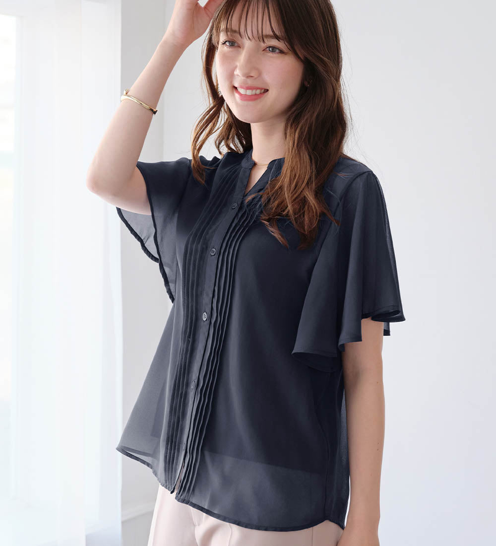 アロッタ Alotta 【接触冷感】インナー付ピンタックデザインブラウス【イエベ・ブルべ】 （ネイビー） ネイビー