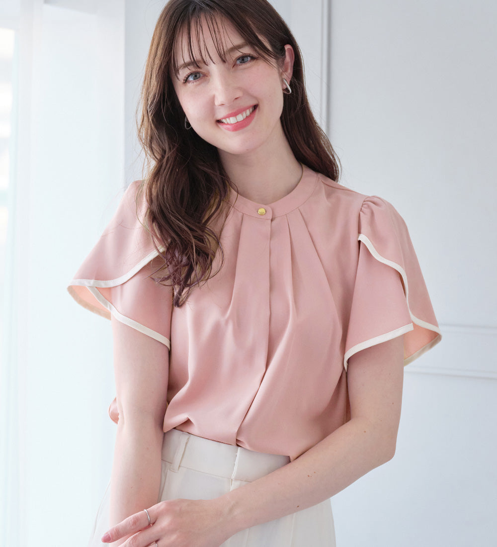 アロッタ Alotta 【接触冷感】チューリップ袖パイピングブラウス （ピンク／オフ） ピンク／オフ