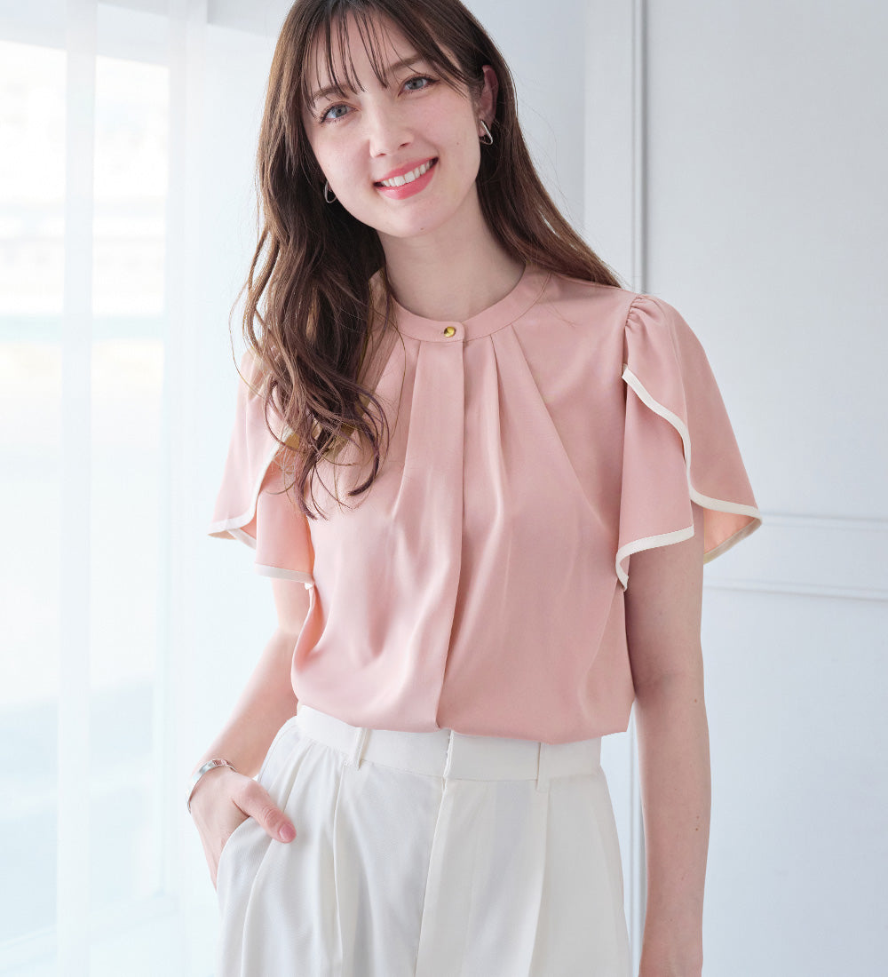 アロッタ Alotta 【接触冷感】チューリップ袖パイピングブラウス （ピンク／オフ） ピンク／オフ