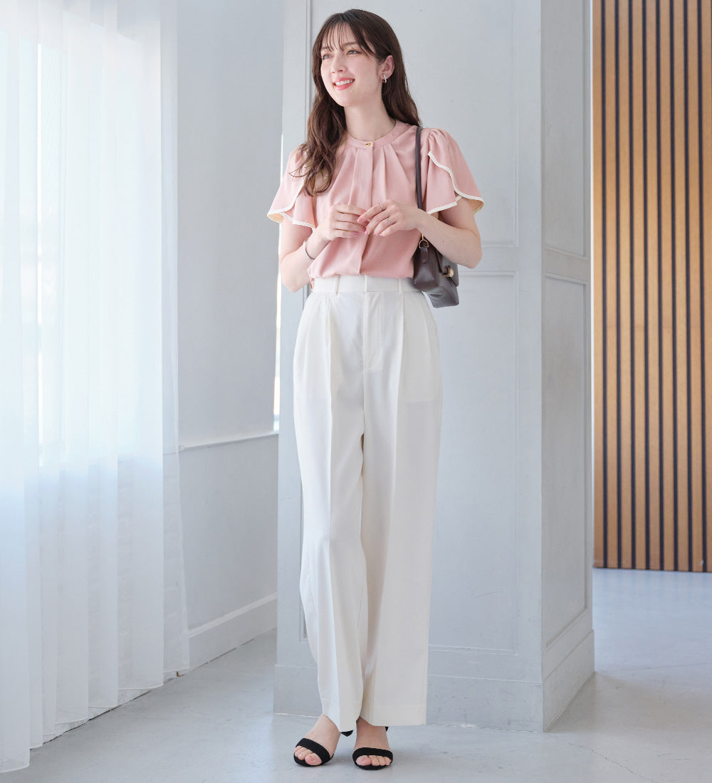 アロッタ Alotta 【接触冷感】チューリップ袖パイピングブラウス （ピンク／オフ） ピンク／オフ