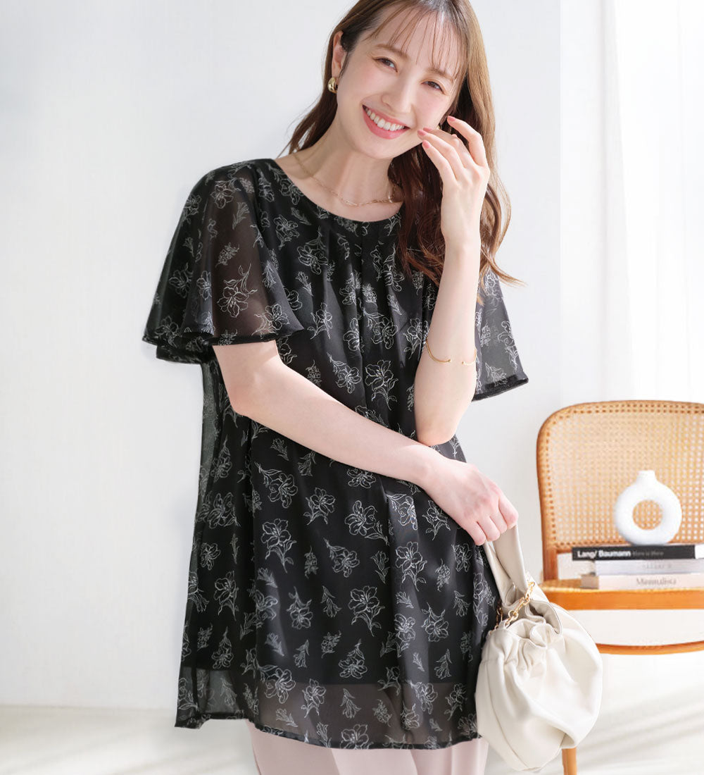 アロッタ Alotta 【接触冷感】インナー付シフォンタックチュニック （ブラック系花柄） ブラック系花柄
