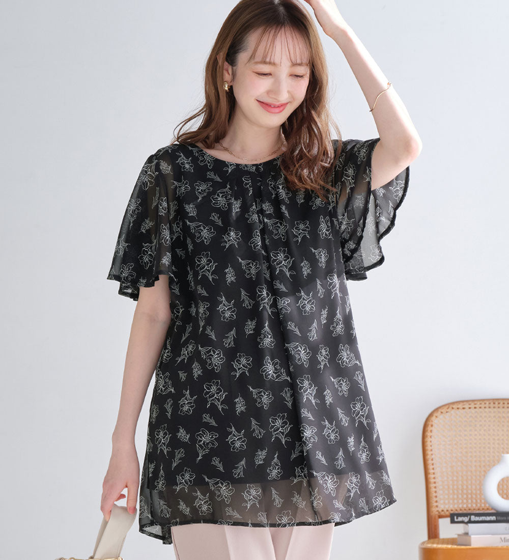 アロッタ Alotta 【接触冷感】インナー付シフォンタックチュニック （ブラック系花柄） ブラック系花柄