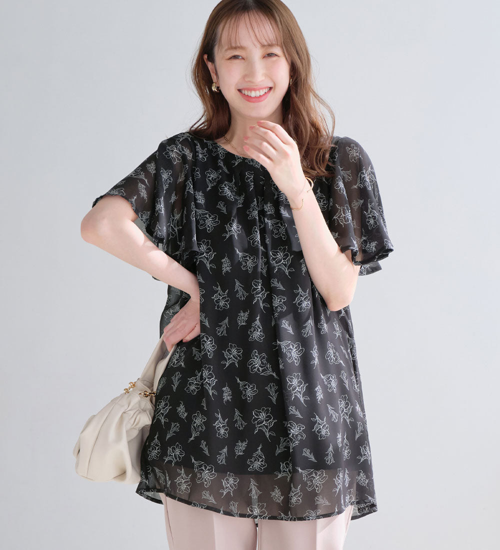 アロッタ Alotta 【接触冷感】インナー付シフォンタックチュニック （ブラック系花柄） ブラック系花柄
