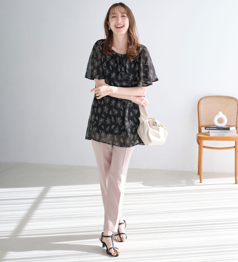 アロッタ Alotta 【接触冷感】インナー付シフォンタックチュニック （ブラック系花柄） ブラック系花柄