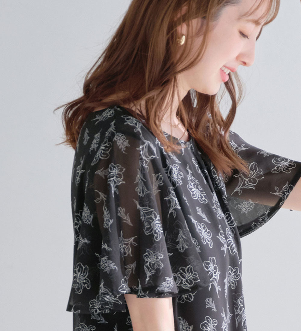 アロッタ Alotta 【接触冷感】インナー付シフォンタックチュニック （ブラック系花柄） ブラック系花柄