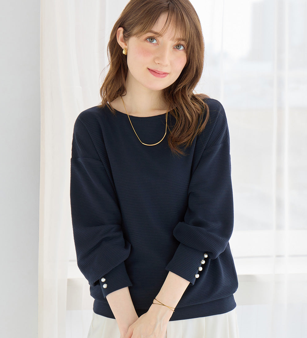 アロッタ Alotta パール調ボタン柔らかカットソーゆるトップス （ネイビー） ネイビー