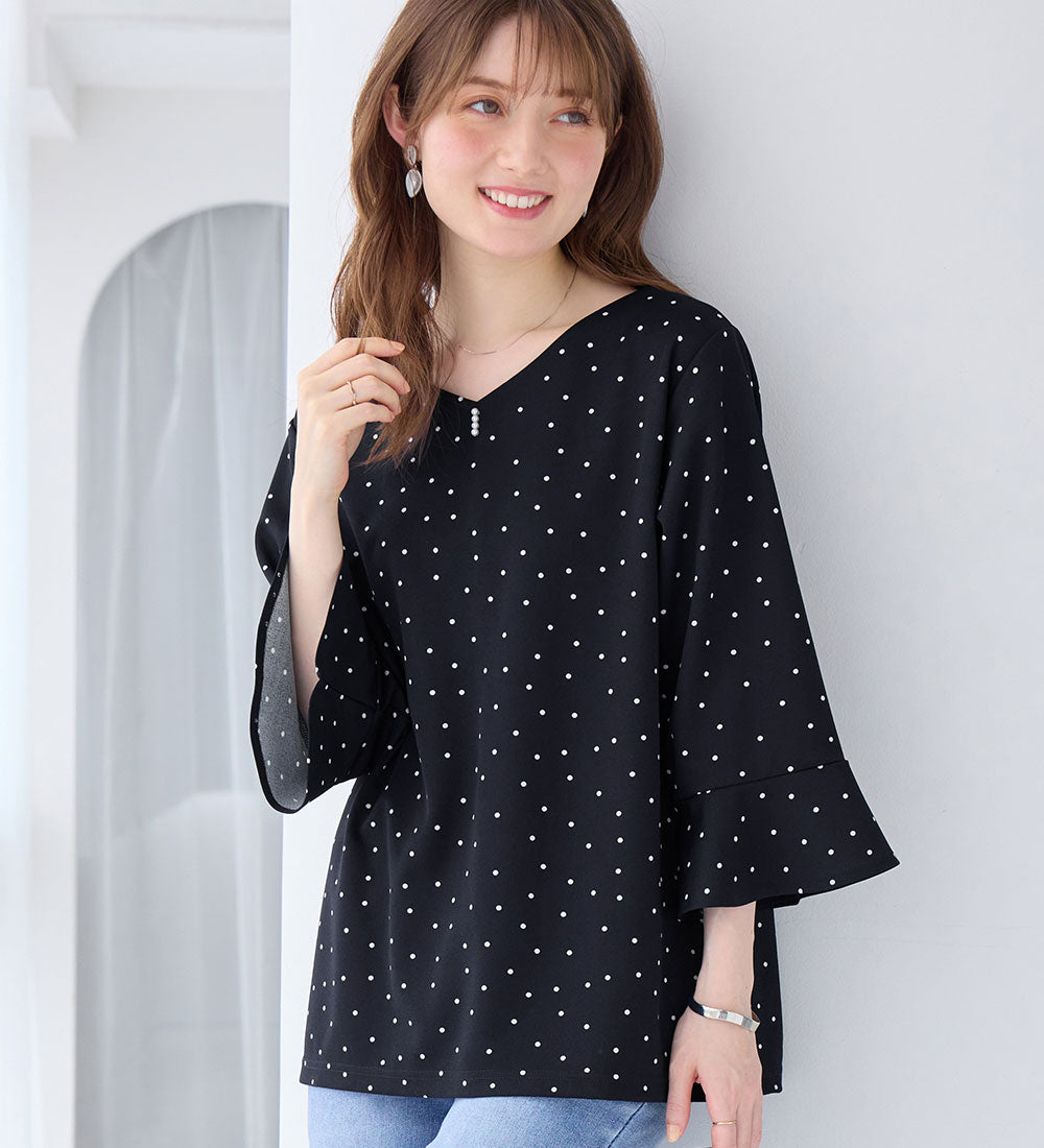 アロッタ Alotta 【接触冷感】パール調ボタンフレアー袖ブラウスTシャツ （ドット柄） ドット柄