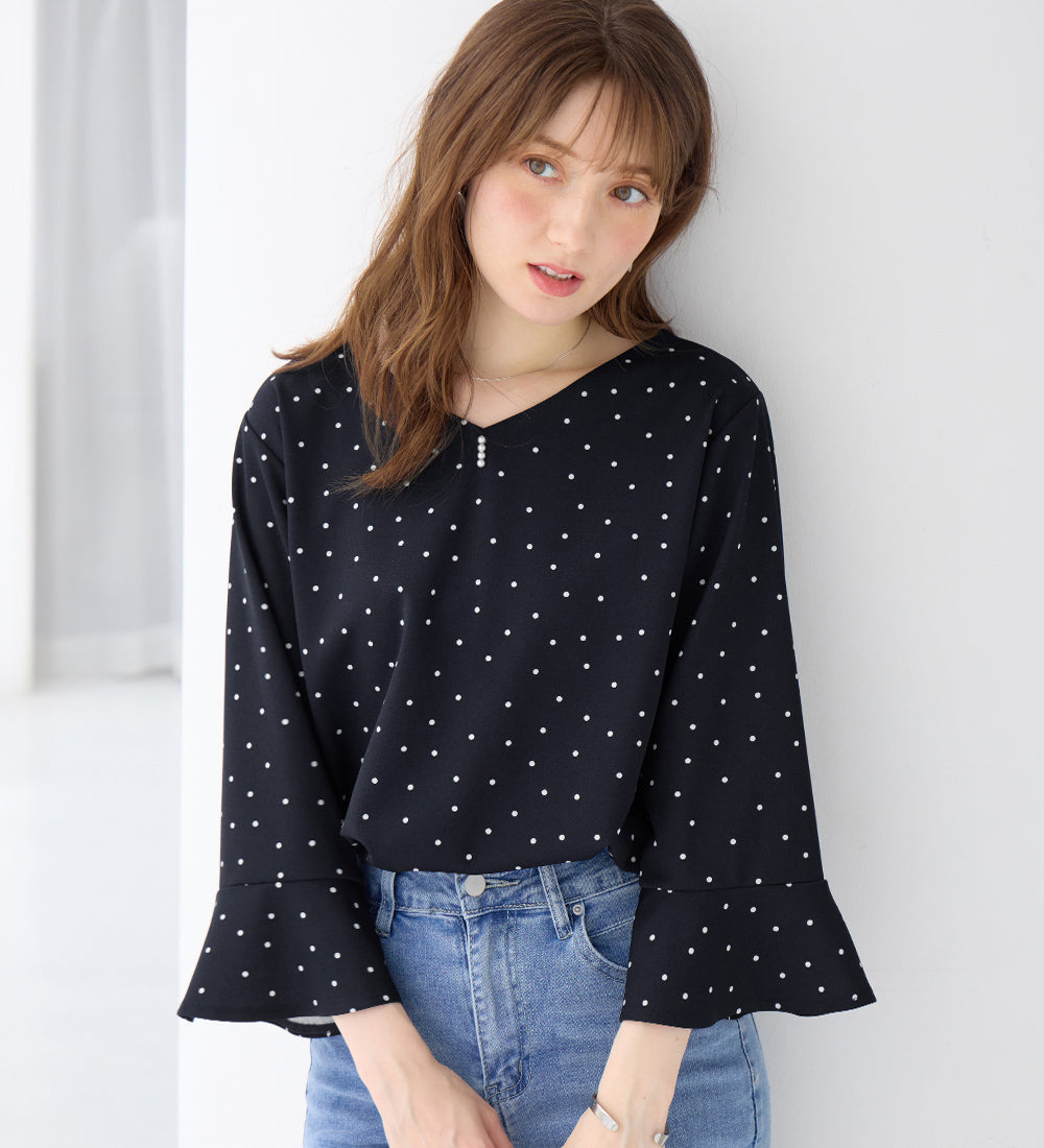 アロッタ Alotta 【接触冷感】パール調ボタンフレアー袖ブラウスTシャツ （ドット柄） ドット柄
