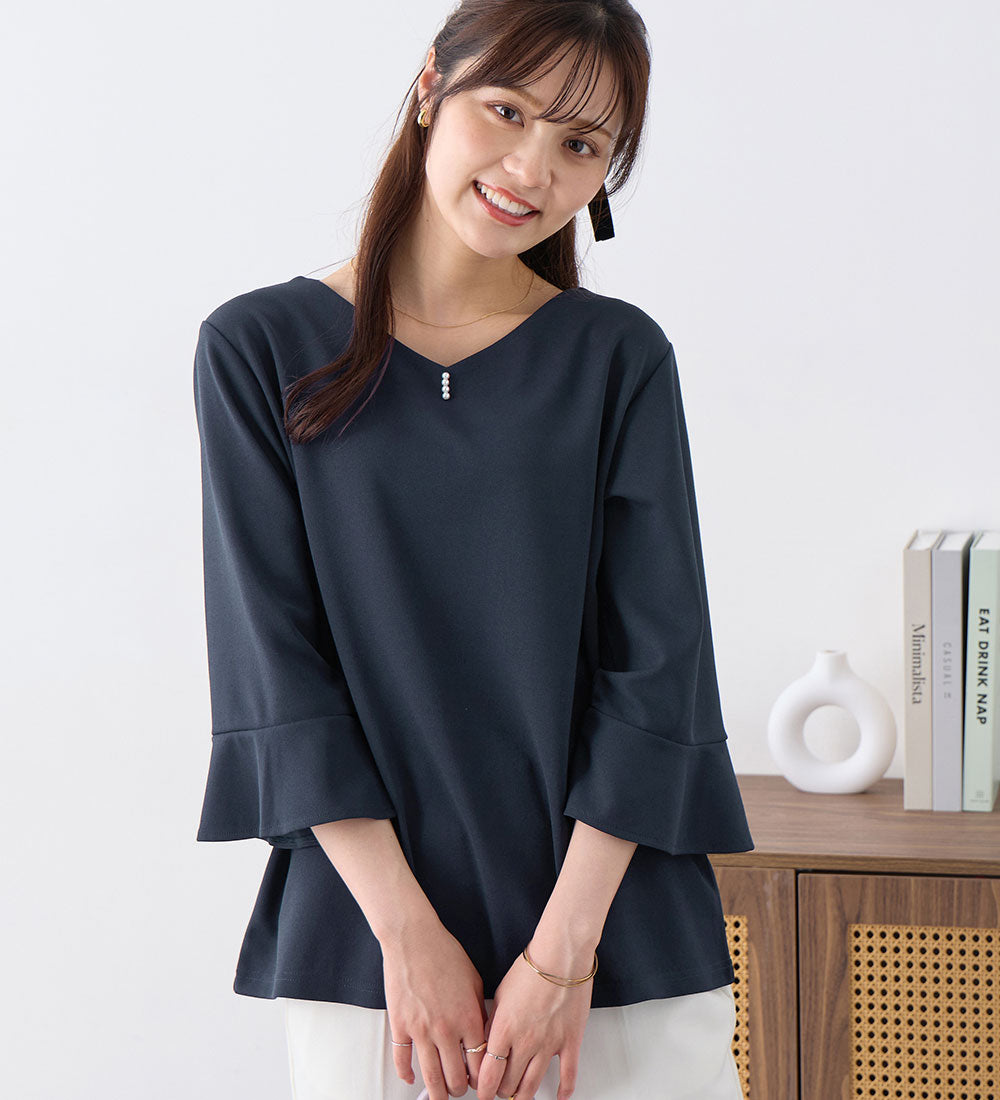 アロッタ Alotta 【接触冷感】パール調ボタンフレアー袖ブラウスTシャツ （ダークネイビー） ダークネイビー
