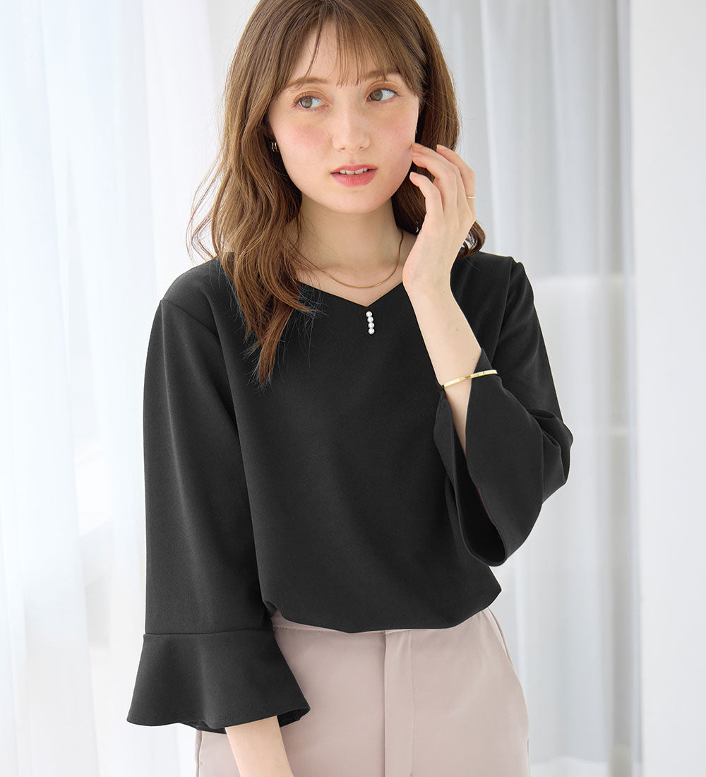 アロッタ Alotta 【接触冷感】パール調ボタンフレアー袖ブラウスTシャツ （ブラック） ブラック